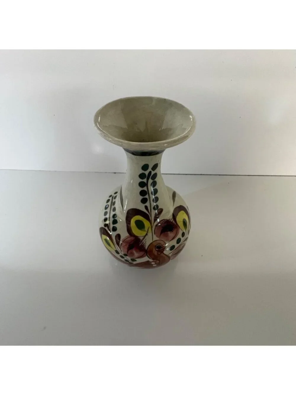 Vintage Tonala Pottery Bud Vase Mexican Folk Art Bird Decor Signed